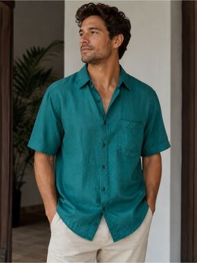 Robert Stock Men’s Teal Turquoise Short Sleeve Button Up Shirt L 100%Silk